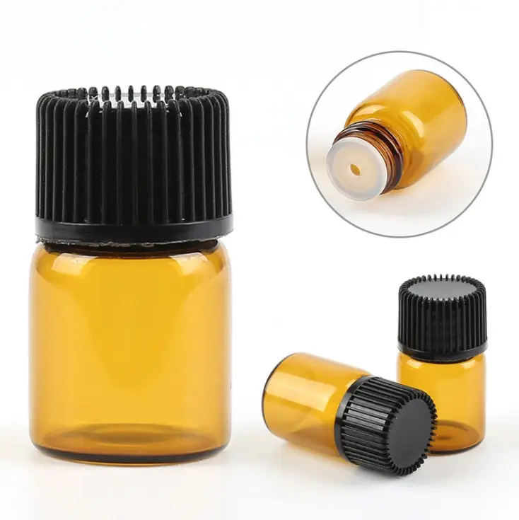 Botol Kaca Amber Minyak Esensial 1Ml 2Ml, Botol Sampel dengan Pengurang Lubang