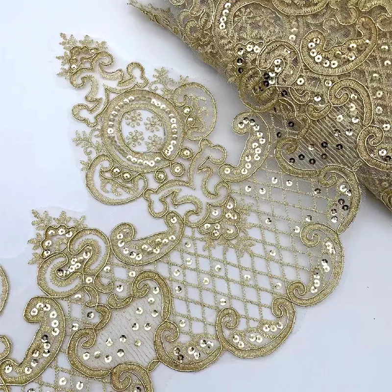 retro mertal embroidery sequin 24cm flah gold metallic lace trim