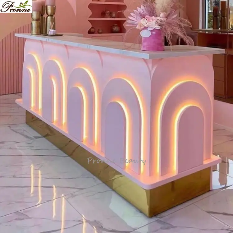 Balcão moderno spa salão de beleza mobiliário rosa & ouro granito recepção mesa com luz led