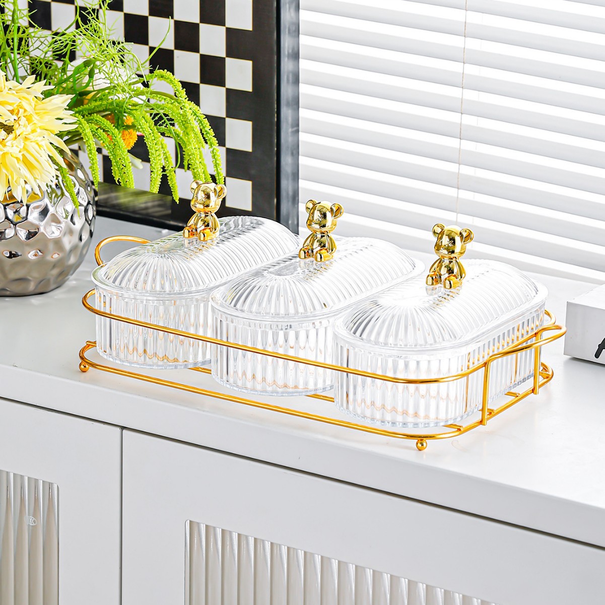 Bear Gold Stand - Transparent Large Oval Plate - 3 Compartments