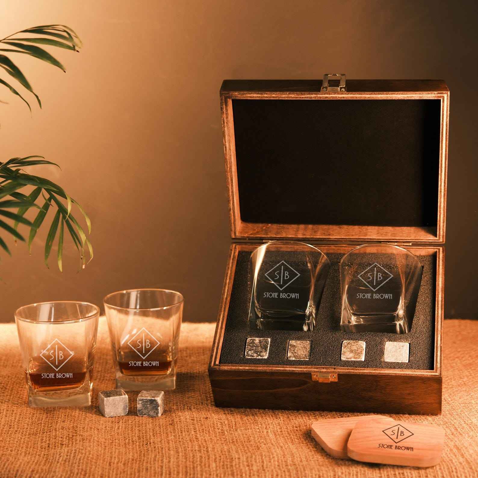 Whiskey Glasses with Wooden Box