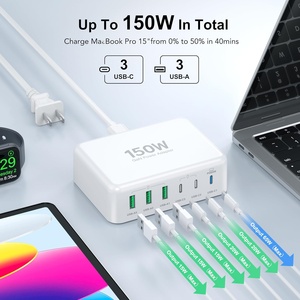 USB C快速充电器150W 6端口GaN台式PD充电站65W USB C笔记本电脑电源适配器兼容Mac Book 5V/3A输出