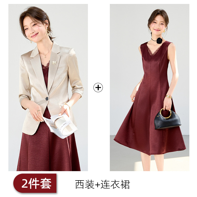 Apricot suit and burgundy dress