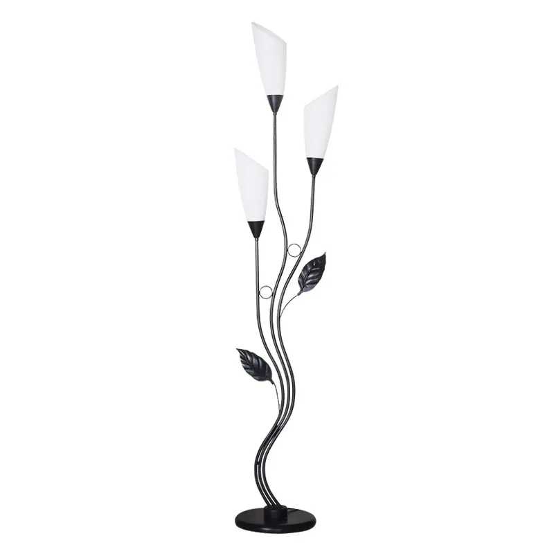 Glass Coffee floor Design and Flower-Shaped Lampshade,Simple Modern Iron Body Shelf Lamp Black LED Floor Lamp