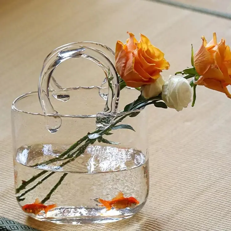 DL31371 Fish Bowl Flower Vase for Floral Arrangement Clear Vase with Bubbles Handbag Bag Carrying Glass Vase Plant Saucer
