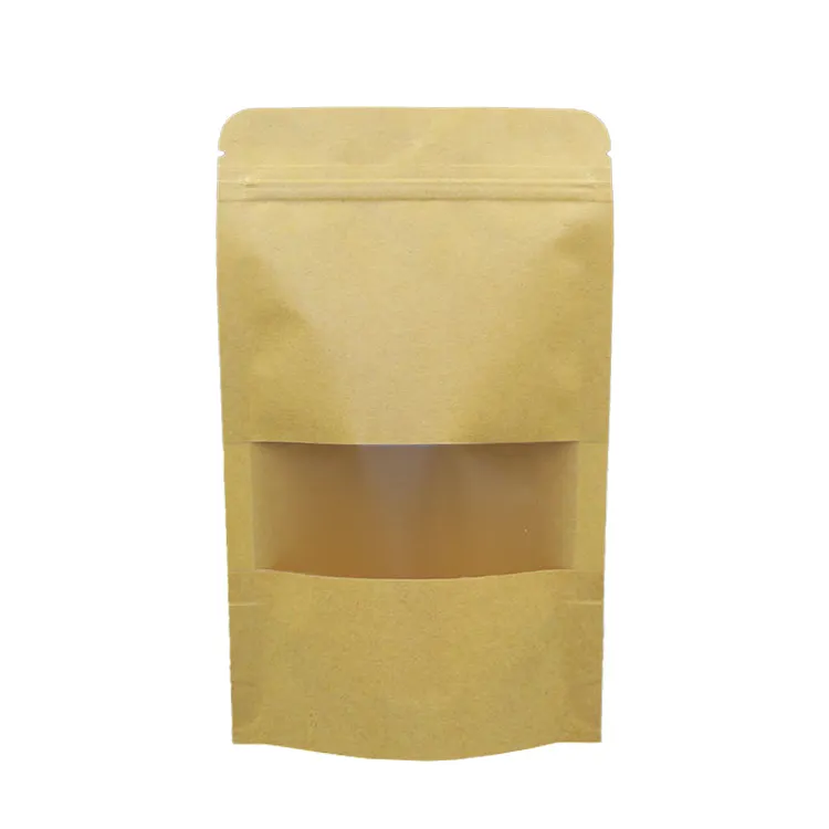 Wholesale recycled nuts packaging pouch brown kraft paper zipper window Brown Paper Bag with Window