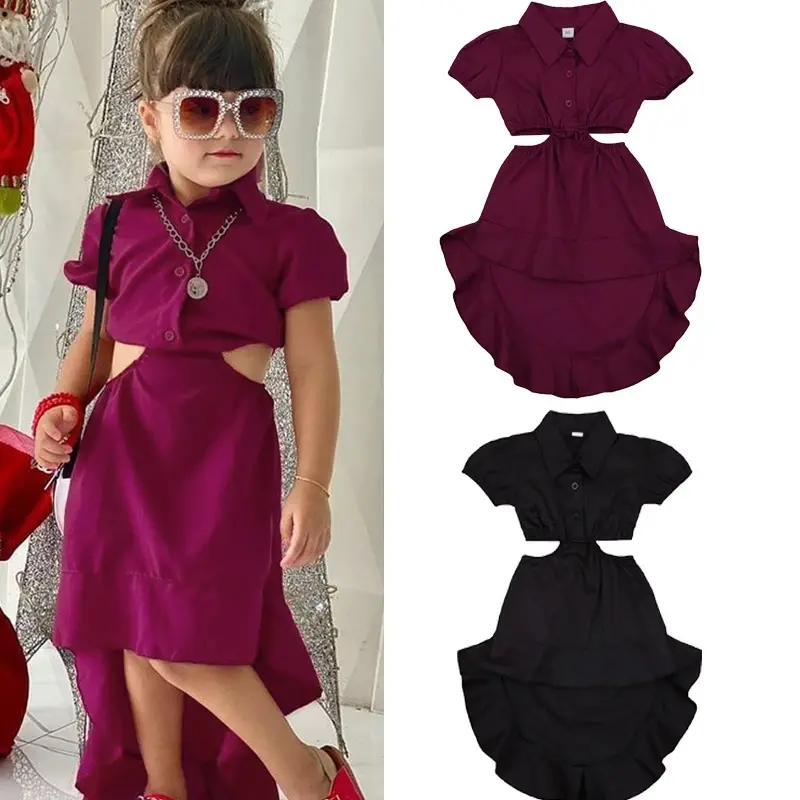 Conyson moda niños ropa niñas vestido sólido 3 colores manga corta cintura ahuecada estilo asimétrico hasta la rodilla vestido de fiesta