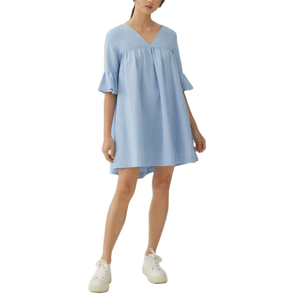 OEM 의류 사용자 정의 브랜드 로고 라벨 하이 퀄리티 V-넥 프릴 소매 넥타이 다시 디자인 사용자 정의 여름 미니 셔츠 드레스 여성