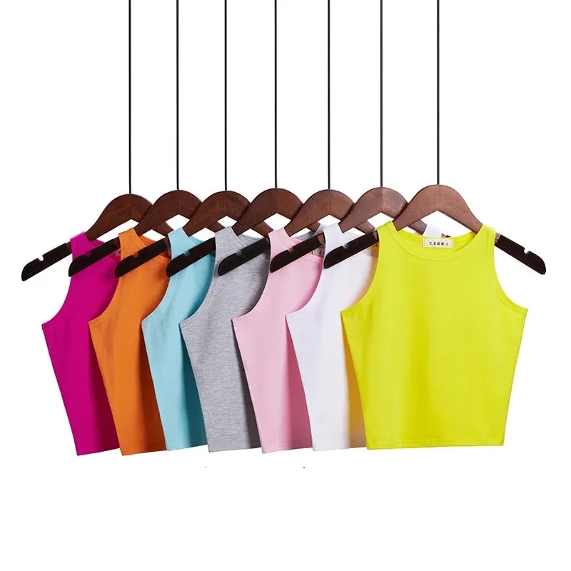 Top corto de algodón para mujer, Top corto Multicolor sin mangas, camiseta sin mangas, camisola en 14 colores