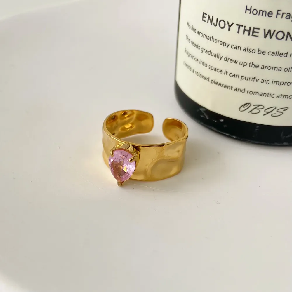 Anillo de acero inoxidable con forma de gota de agua, joyería de 18K con martillo de color rosa, cara ancha