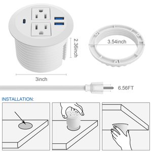 <strong>White</strong> 3 1/8 Inch Desk Power Grommet Outlet Recessed Power Strip <strong>Socket</strong> <strong>with</strong> 2 <strong>USB</strong> Fast Charging - Product Image 2