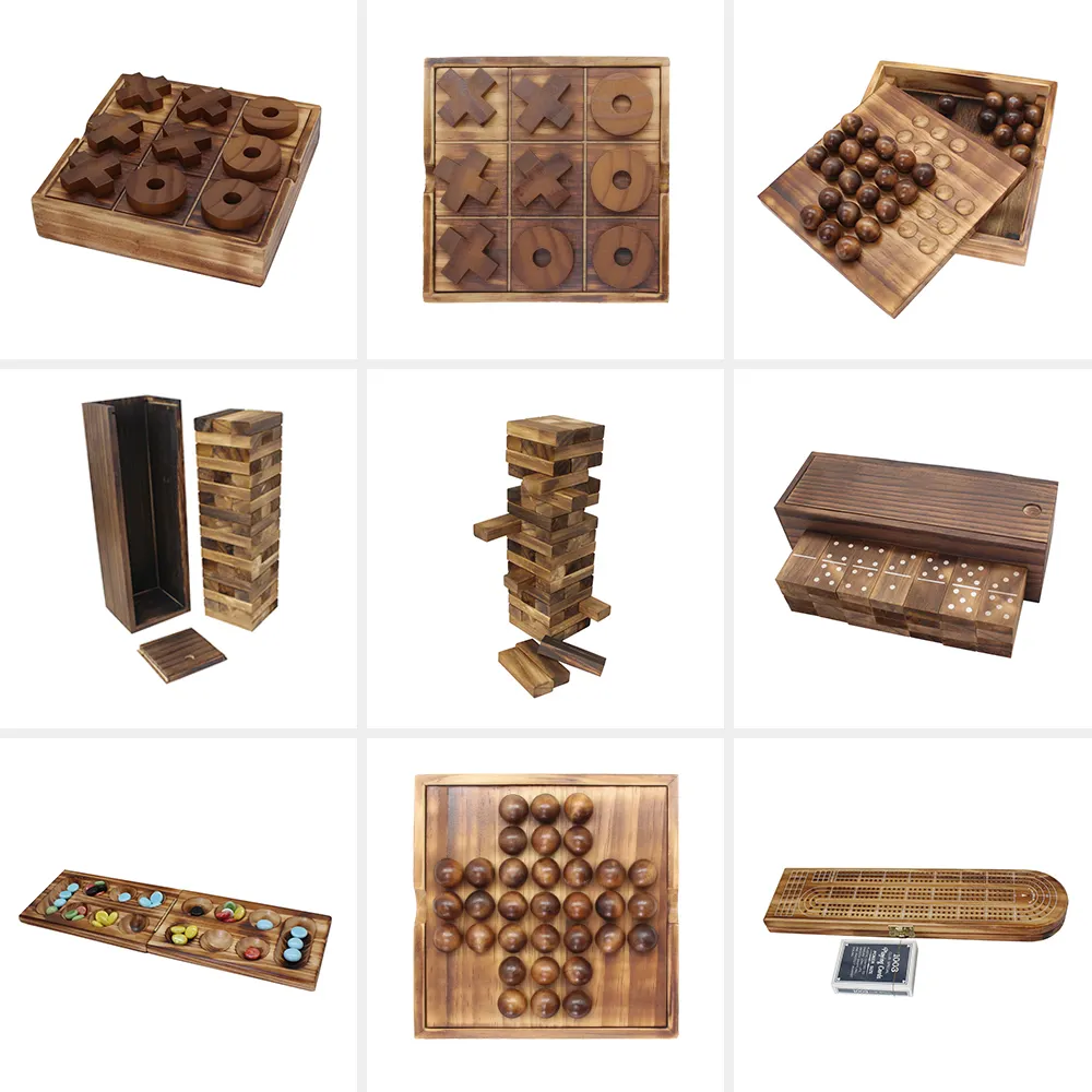 Charred Wooden Table Board Game Tic Tac Toe Domino Set Tumbling Tower Solitaire Marble Brain Teaser Game Mancala Cribbage