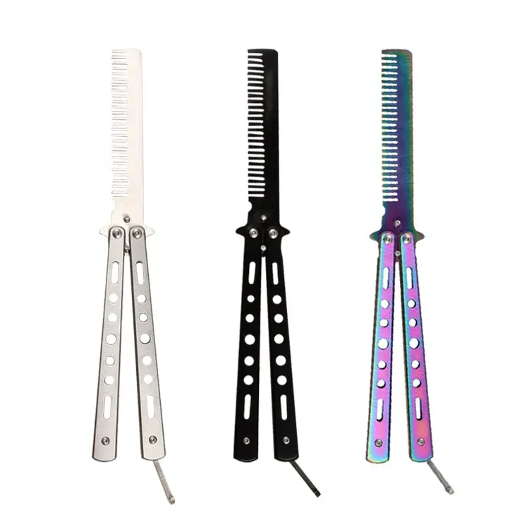 Gloway Custom Private Brand Hair Styling Tools Stainless Steel Training Practice Pocket Beard Comb Folding Butterfly Knife Comb