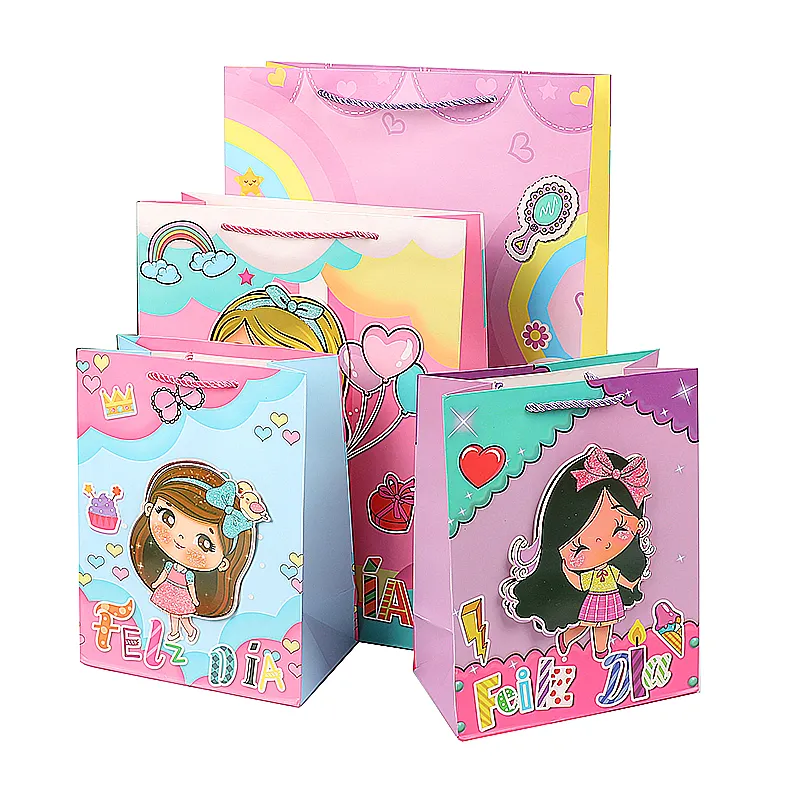 Bolsas de regalo de compras de cumpleaños para niños personalizadas creativas, bolsas de papel baratas con impresión de logotipo personalizado