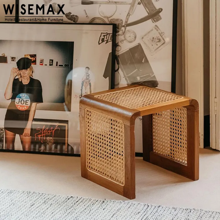 WISEMAX mobilya Modern lüks yatak odası yan masa doğal kül ahşap çerçeve rattan sehpa oturma odası