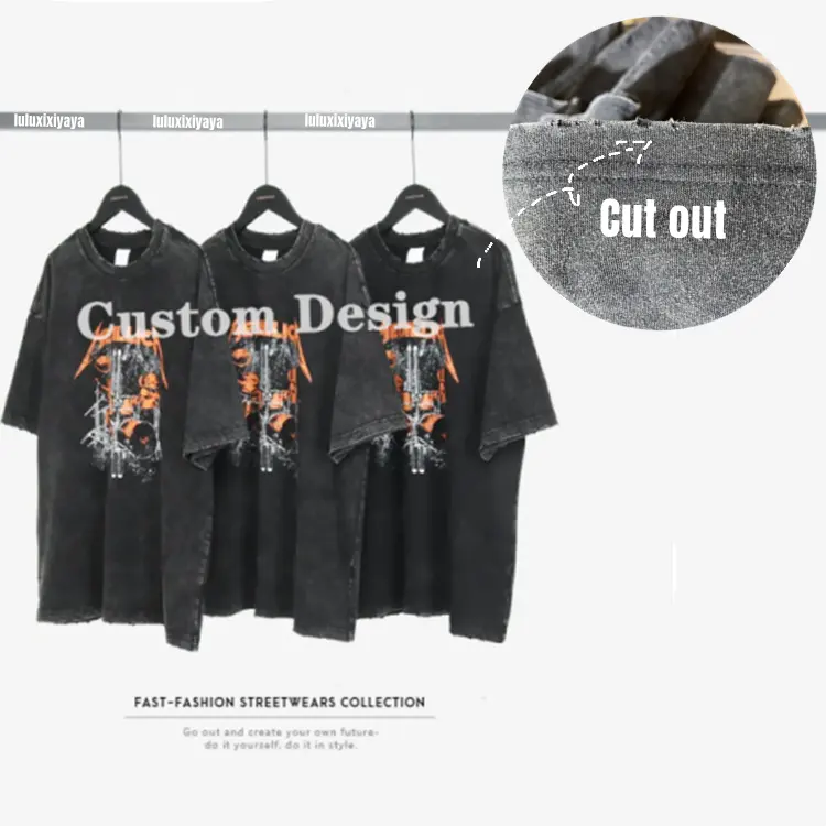 Cuts out Artwork Custom Graphic Tees T shirts Printed Men's Silk Screen Printing acid Washed distressed Unisex Oversized T shirt