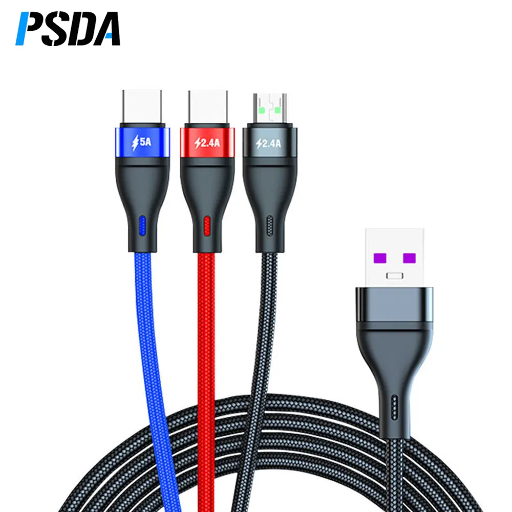 PSDA 3 in 1 cavo USB C 5A 100W cavo Micro USB di tipo C a ricarica rapida per accessori per telefoni cellulari Huawei Xiaomi Oneplus