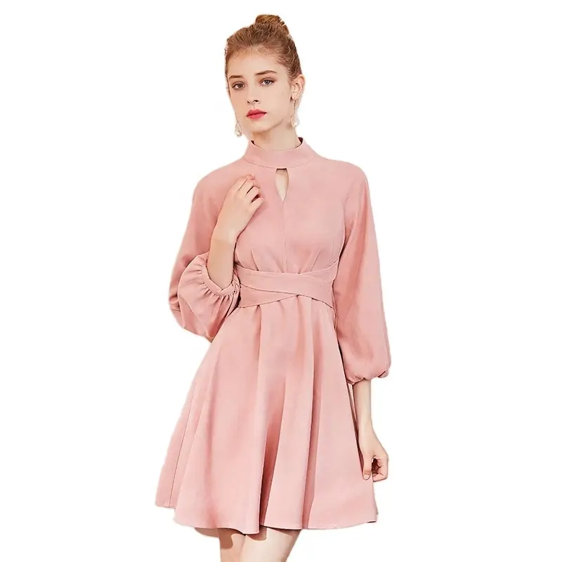 Manni vestido de escola para mulheres, vestido fofo para mulheres, manga lanterna, gola alta, rosa, casual