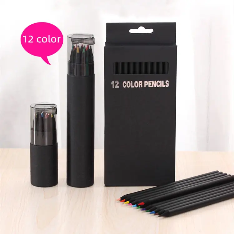 Profesyonel sanatçı çocuklar boyama renkli kalem seti paketi yumuşak çekirdek siyah ahşap özelleştirilmiş 12 adet renkli kalemler