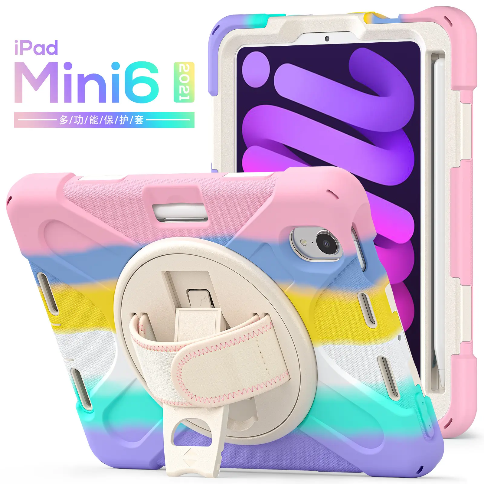 เคสกันกระแทกแบบเต็มตัวสำหรับ iPad Mini 6,สายคล้องไหล่มีขาตั้งหมุนได้360องศาตัวป้องกันการตก