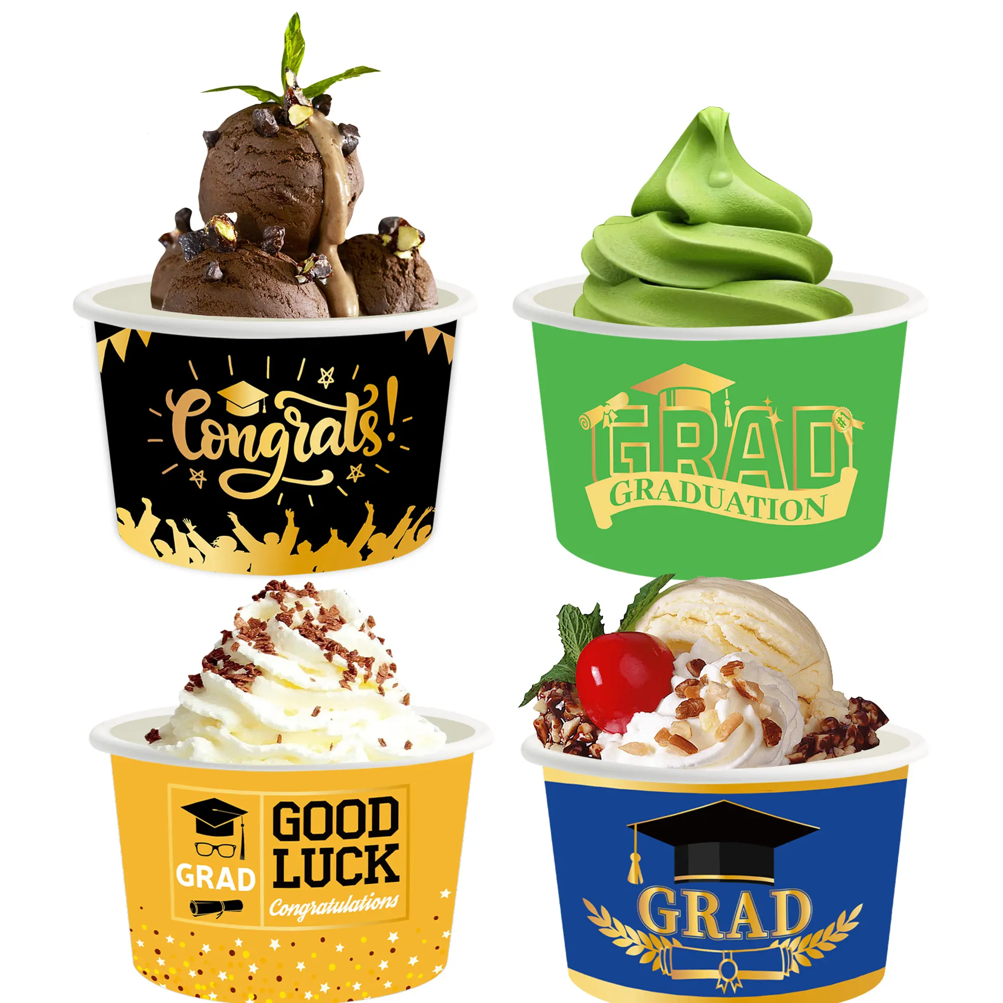 Huancai Graduation papier crème glacée tasses jetables Dessert collations bols de yaourt pour aliments chauds ou froids félicitations Grad Party Supplies