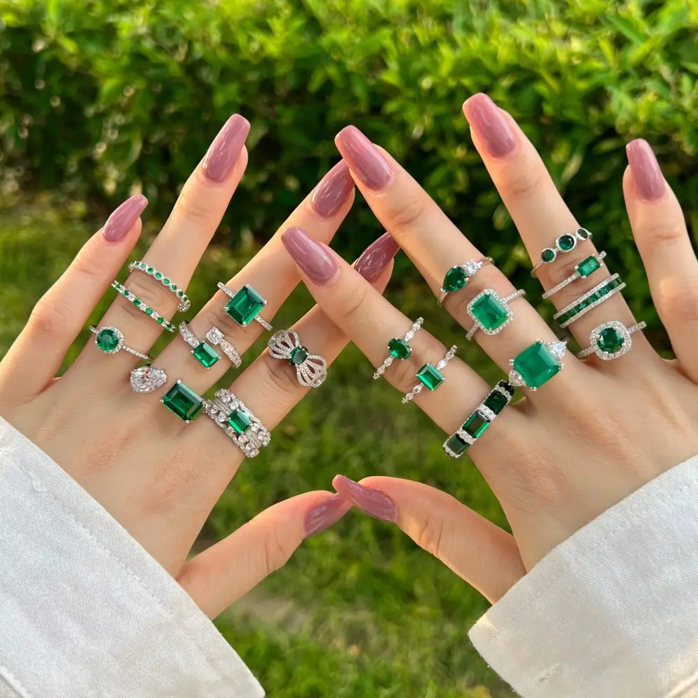 Nouvelle arrivée plaqué rhodium vert émeraude Zircon anneaux femmes promesse de mariage bande de fiançailles filles bijoux anneau