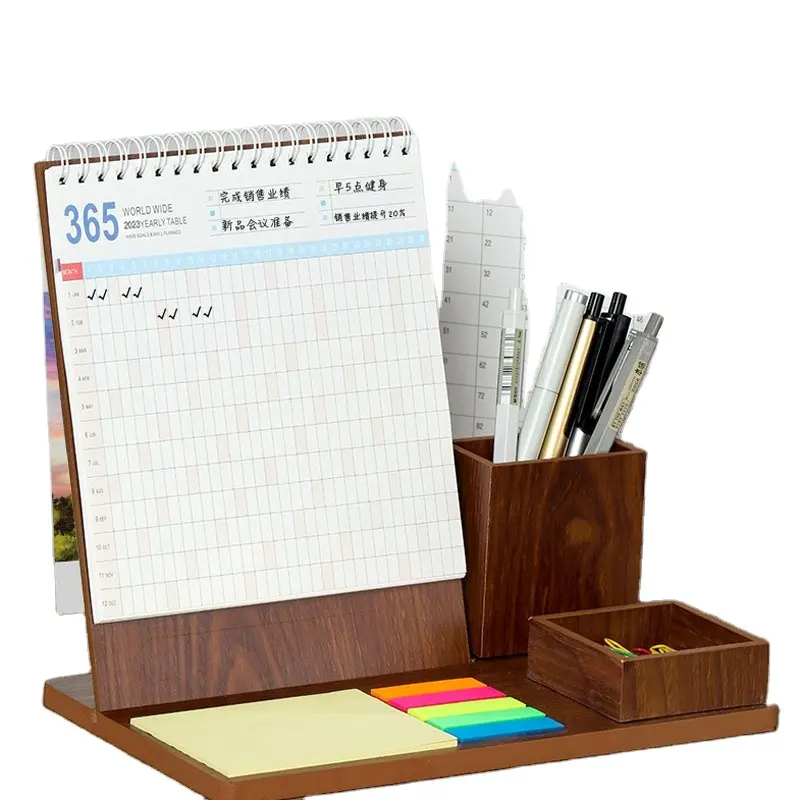 Design personnalisé en carton de bois calendrier de bureau quotidien mensuel impression avec bloc-Notes bloc-notes collants