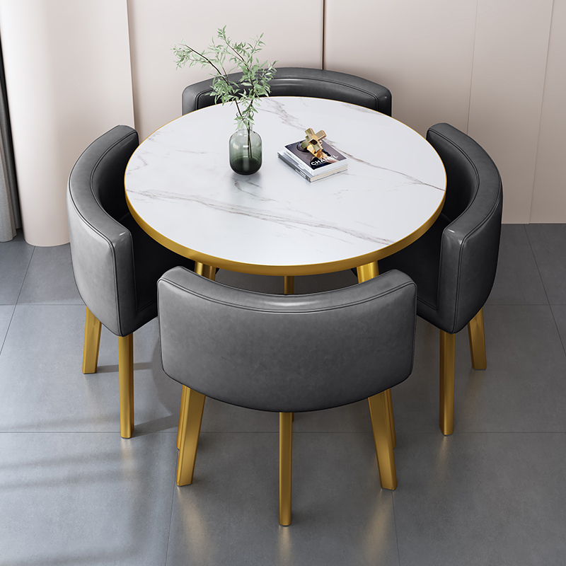 Table imitation pierre gris titane 80, 4 chaises, support doré