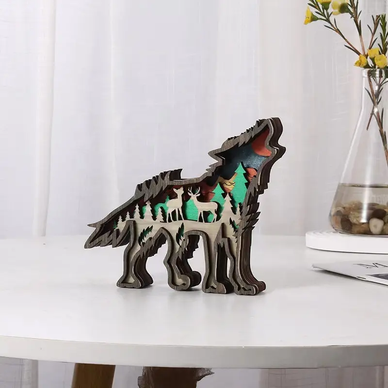 Decoración artística de pared de animales para el hogar, ornamento 3D de madera tallada de color Lobo, bosque, decoración de animales, gran oferta