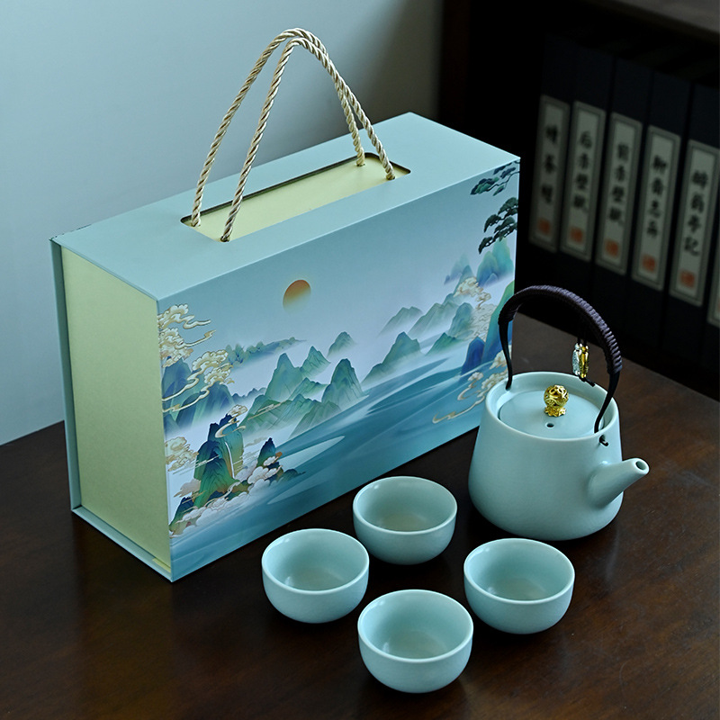 A Thousand Miles of Rivers and Mountains - Teapot with Handle - Sky Blue