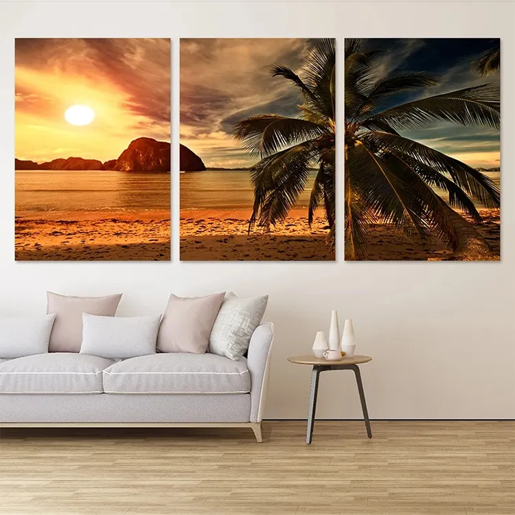 Tela personalizada do oceano com impressão de paisagem, arte de parede de 3 peças para casa, pôr do sol, imagem natalina, pintura personalizada, sala de estar, qualidade