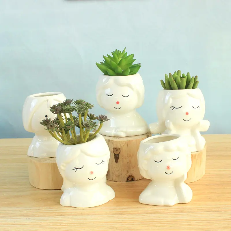 Cute small ceramic cartoon boys girls succulent indoor office decor cactus planter head face flower pots Christmas Birthday gift