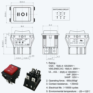 工場高長方形6ピンdpdtモーメンタリーレッド20アンペアオンオフロッカースイッチ