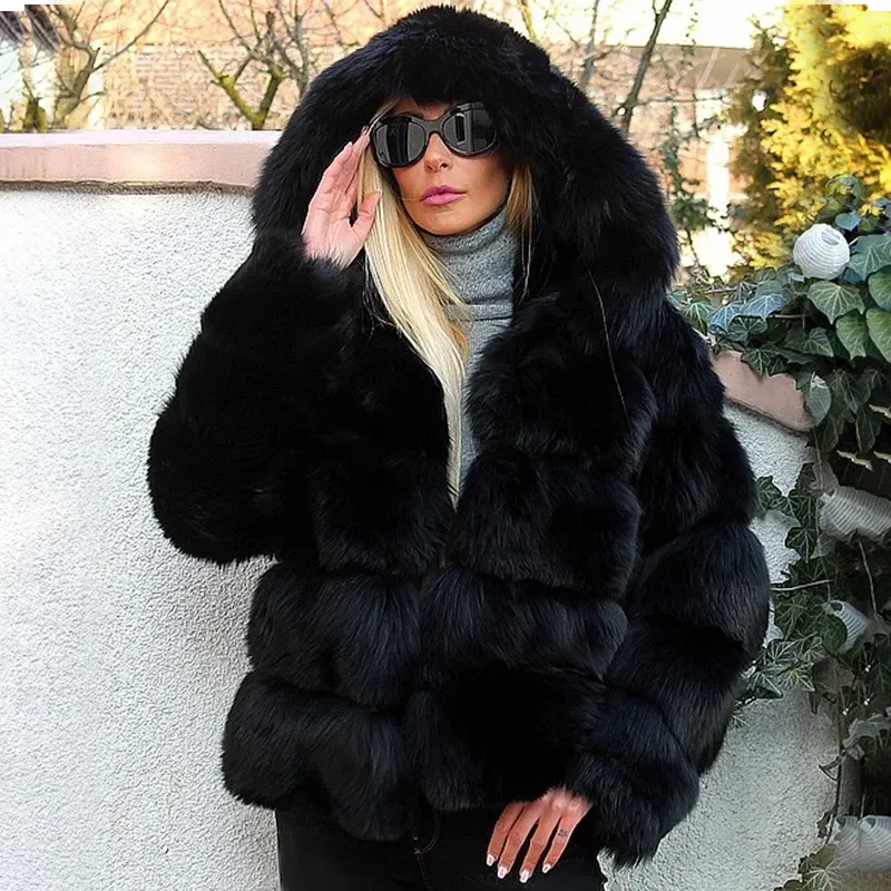Fashion Black Natural Whole Skin Fox Fur Jackets Women High Quality Real Fox Fur Coats With Hood Luxury Overcoats Female