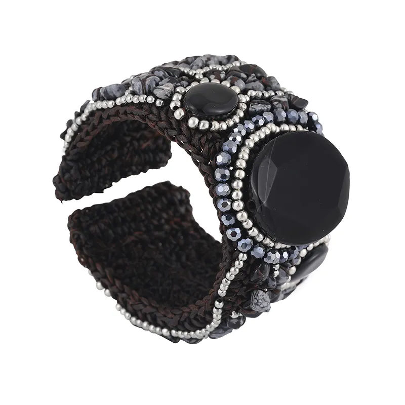 Brazalete ancho bohemio de macramé hecho a mano, pulsera de ágata de corte negro, brazalete, joyería India para Unisex