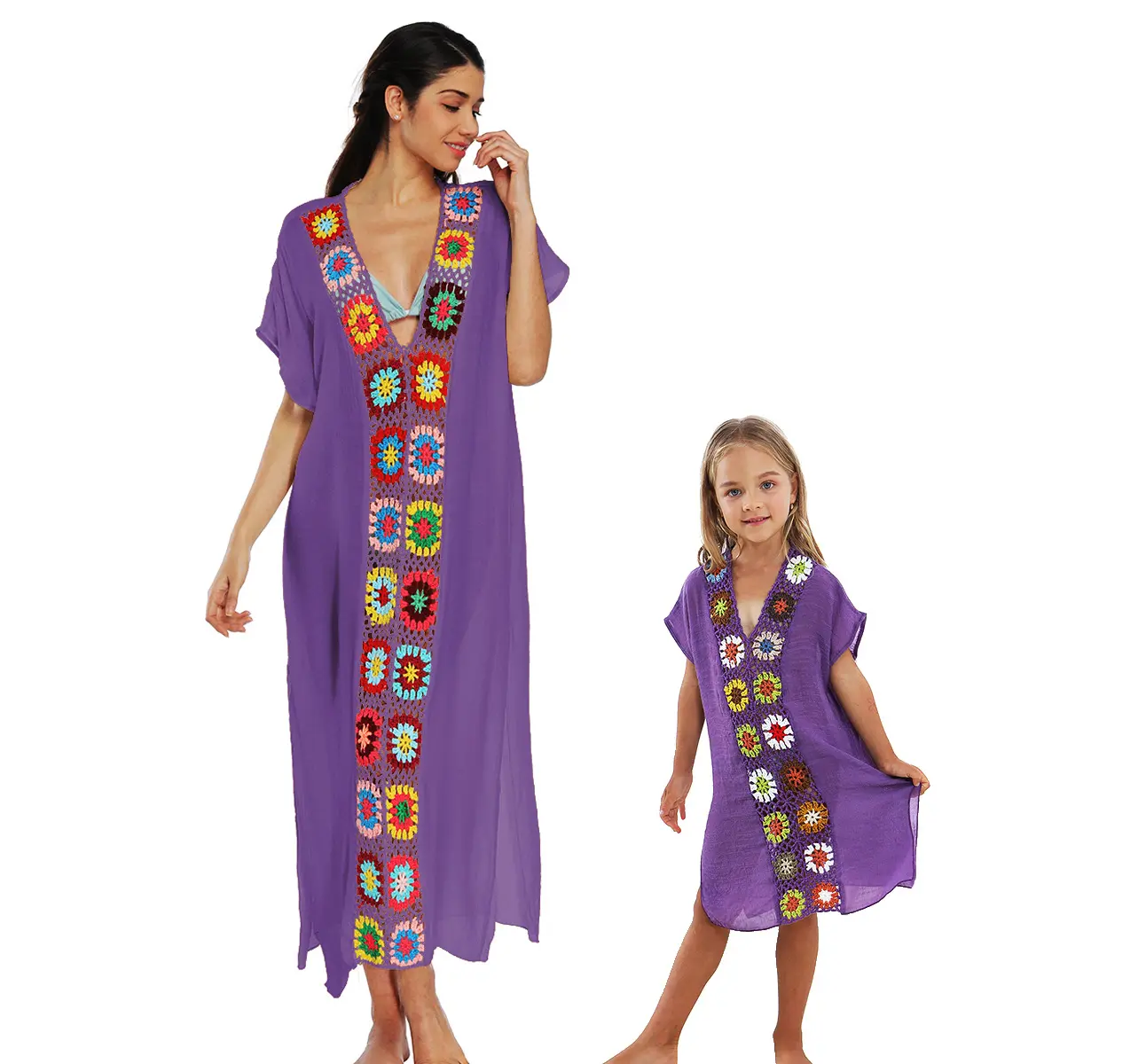 Gaun Orang Tua Anak Panjang Rajut Tangan, Gaun Pantai Linen Belah, Baju Penutup Baju Mandi Anak