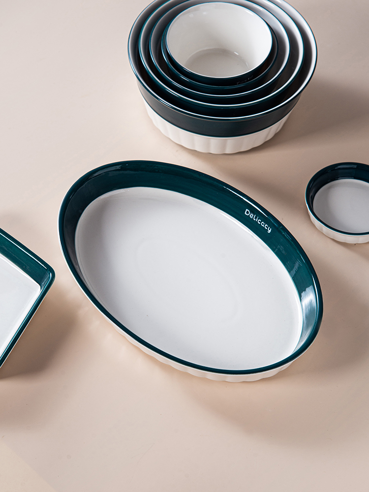 Nordic Ceramic Dinnerware Set with Dark Green Edge,pentagon plate special-shaped dinner set tableware set,plate bowl bakeware