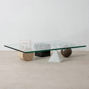 矩形玻璃桌现代大理石几何底座客厅玻璃桌 - Product Image 3