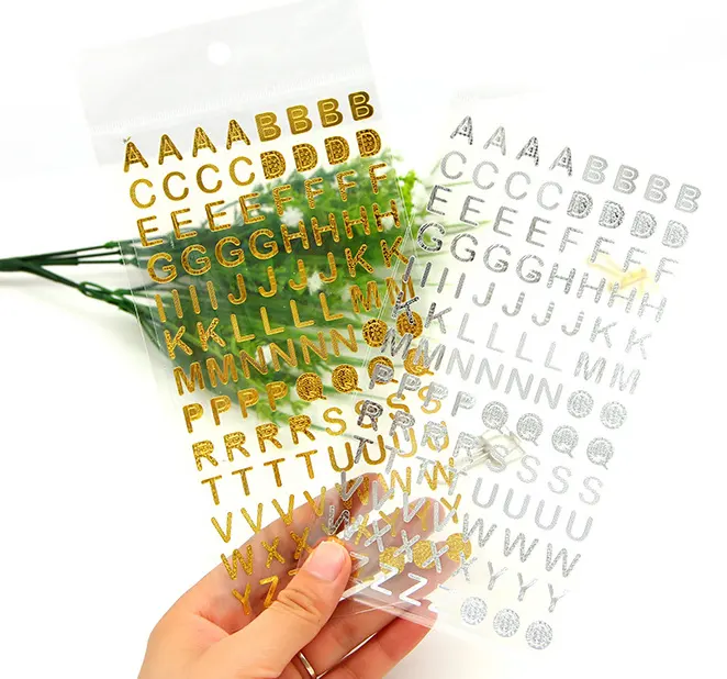Haute qualité vente en gros feuille d'or argent adhésif alphabet lettres autocollants avec différentes tailles
