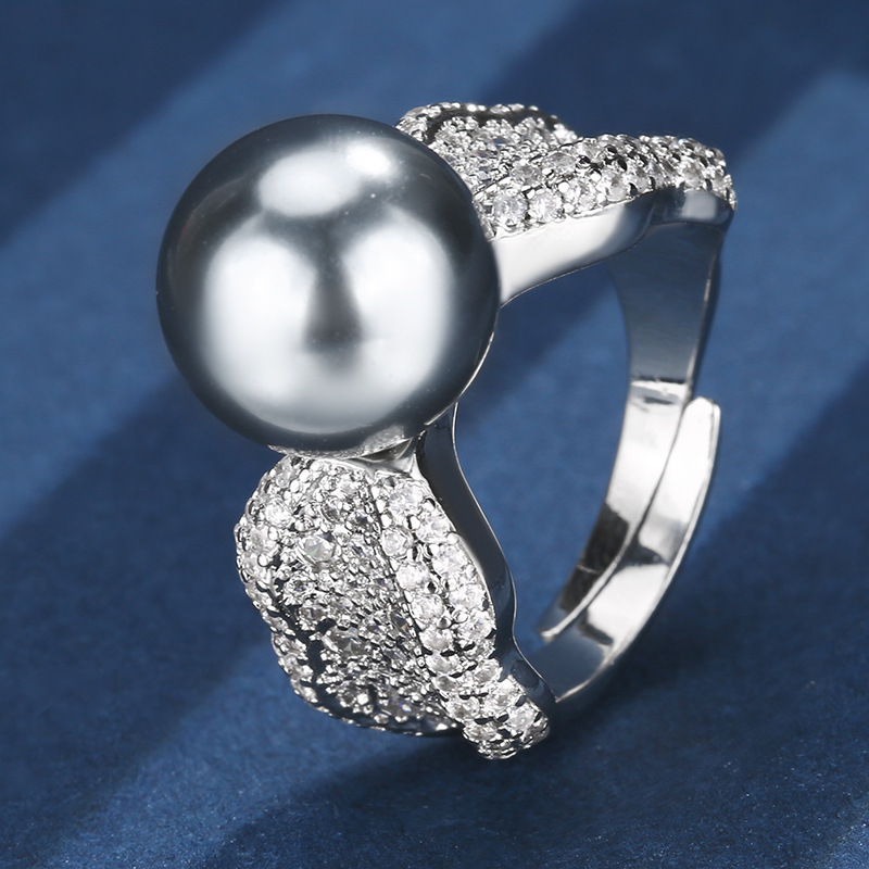 Bague à perle gris platine, taille ajustable