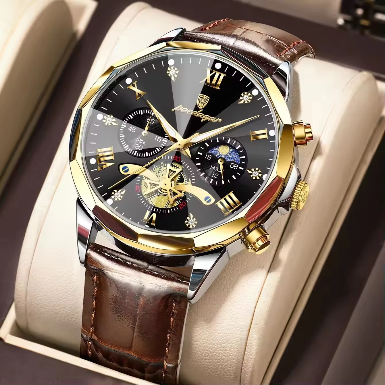 black dial silver gold case