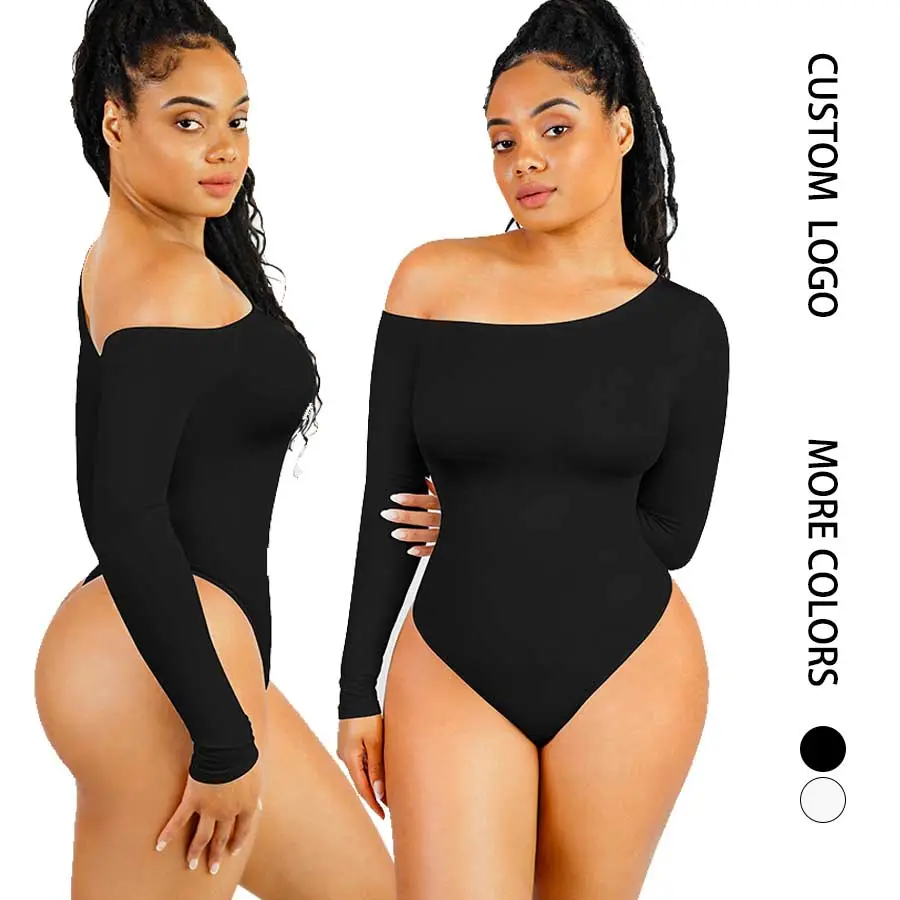Hexin New Design Slimming Sexy Sculpting Compression Long Sleeved Seamless Diagonal Neck Thong Bodysuit For Women