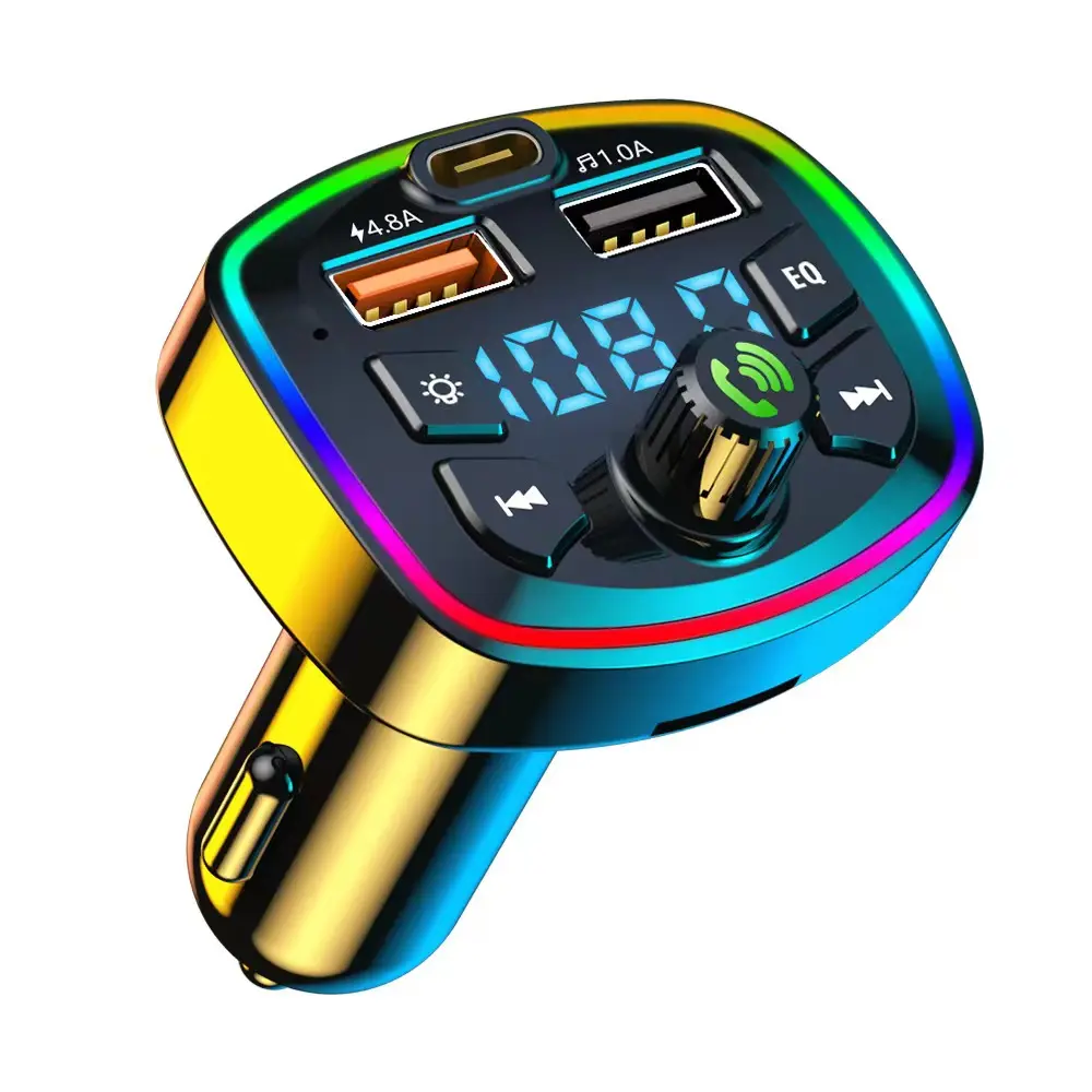 Araba BT 5.0 şarj FM verici PD 18W tip-c çift USB ortam ışığı çakmak MP3 müzik çalar