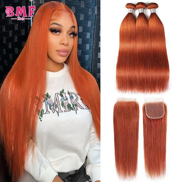 Paquetes de cabello BMF 350 # Orange Ginger Ombre Color con cierre frontal de encaje, paquetes de cabello humano virgen recto de Color naranja jengibre