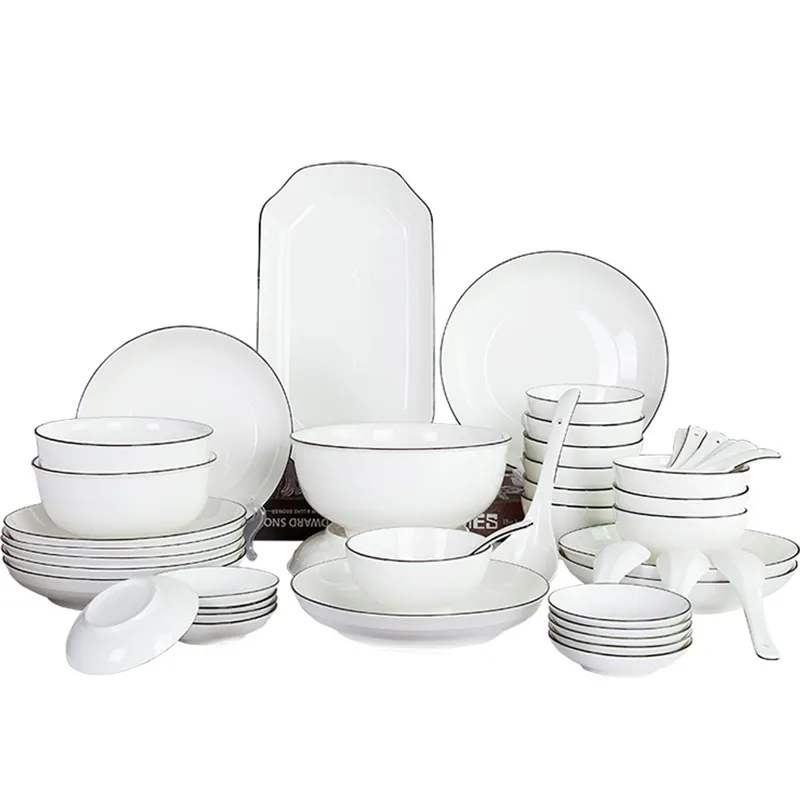 Conjunto de talheres de casamento, conjunto de louças de luxo de porcelana branca com aro dourado, aparelhos de jantar