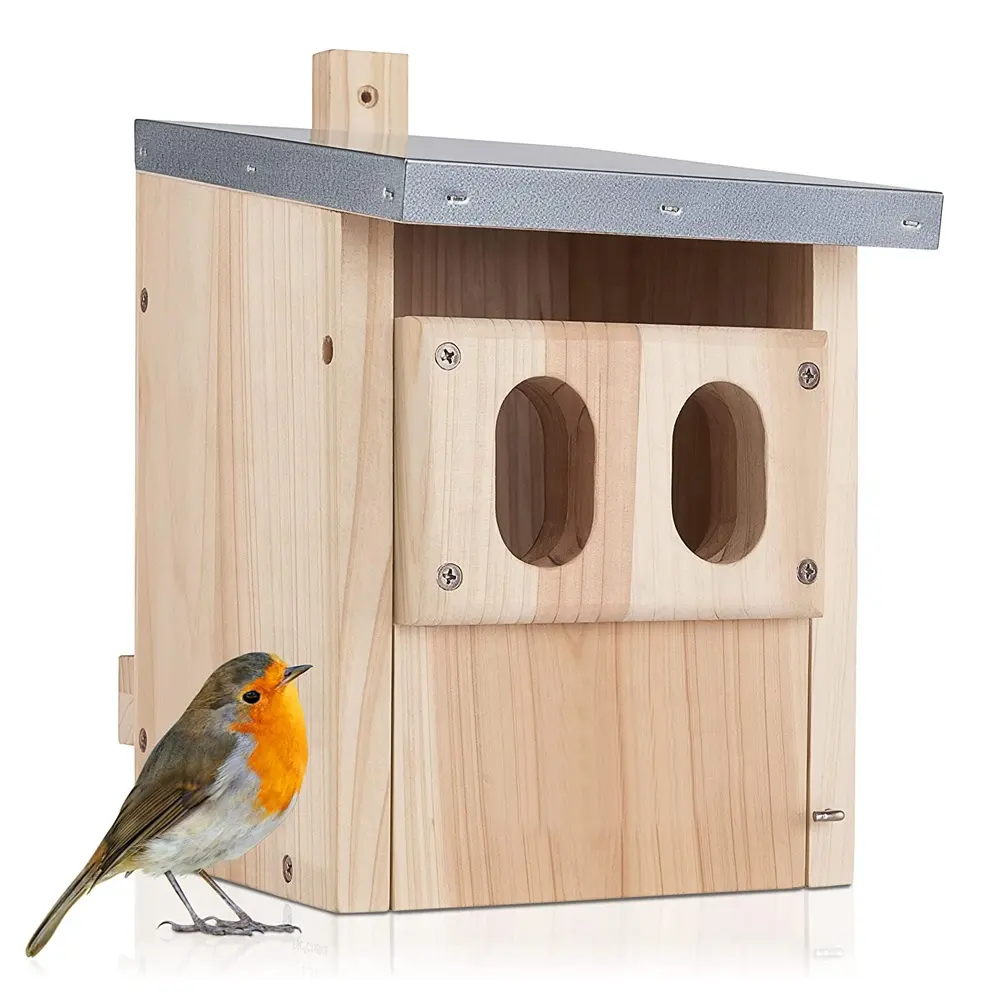 Eco-friendly casa di uccelli in legno con modello solido tetto in metallo scatola di nidificazione per Robin Pet gabbia stile per gli uccelli viventi