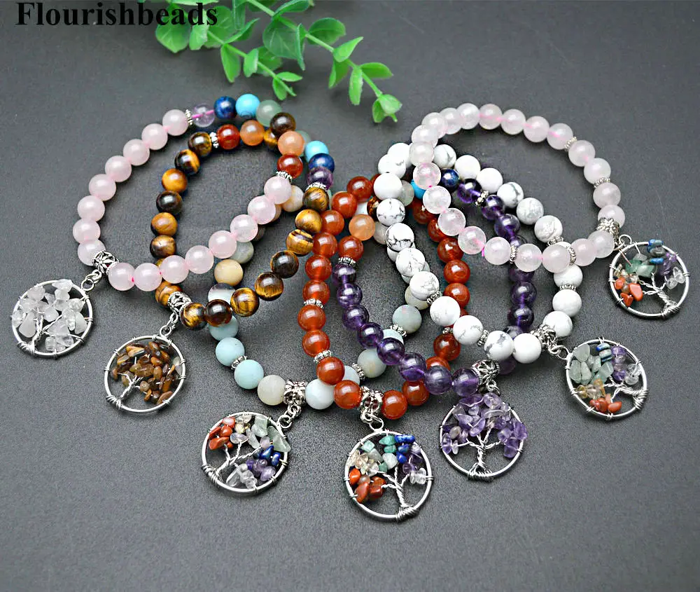 De moda de la joyería de la mujer astillas de piedras preciosas Árbol de la vida Charms Piedra Natural perlas pulsera de Chakra