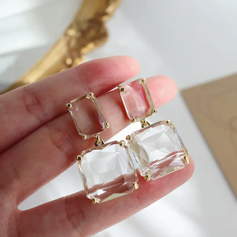 2023 Hot sale Design S925 Sterling Silver Needle Double Square Crystal Earring Geometric Clear Resin Drop Earring For Women