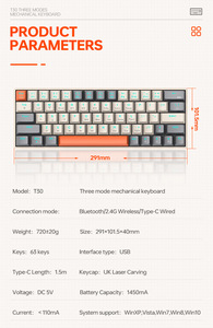 Teclado mecánico T30, personalizado, RGB, Bluetooth, inalámbrico, de tres modos, de doble color, con eje azul, 63 teclas