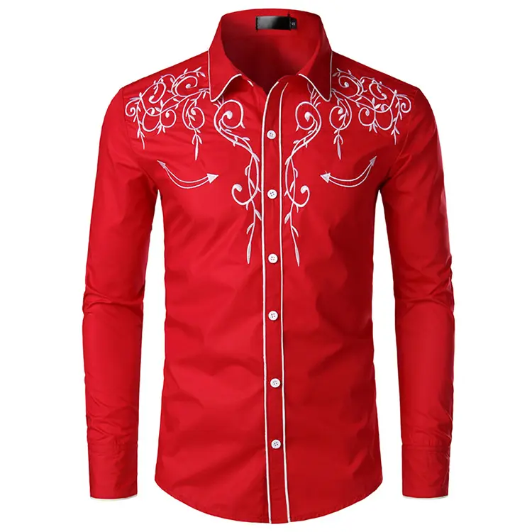 Men western style cotton polyester flower embroidered long sleeve cowboy shirt
